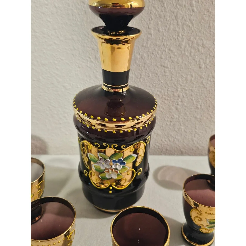 Vintage Amethyst Purple Glass Decanter Set Gold Gilt Hand Painted Floral Japan